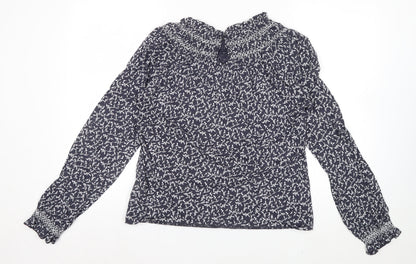 Marks and Spencer Women's Blue Floral High Neck Cotton Blouse Size 8