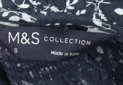Marks and Spencer Women's Blue Floral High Neck Cotton Blouse Size 8