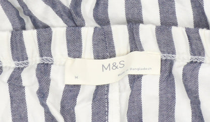 Marks and Spencer Women Blue White Striped Cotton Wide-Leg Trousers M