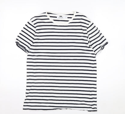 Topman Men's White & Navy Striped Short Sleeve Cotton T-Shirt Size S