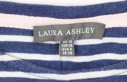 Laura Ashley Women Blue Striped 3/4 Sleeve Cotton T-Shirt UK 10