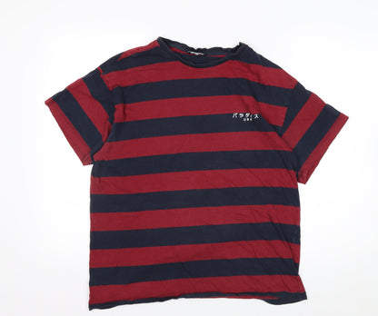 New Look Men Red and Navy Striped Cotton Crew Neck T-Shirt Size L