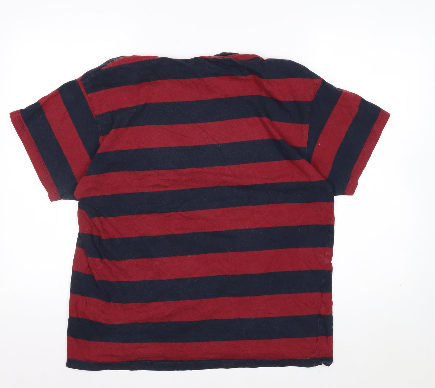 New Look Men Red and Navy Striped Cotton Crew Neck T-Shirt Size L