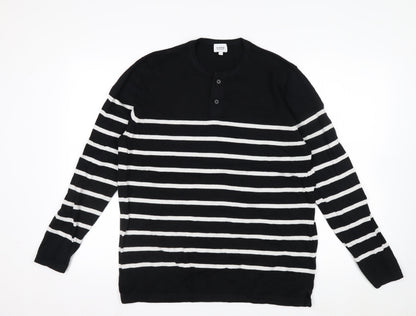 Celio Men's Black Striped L Henley Jumper Cotton Knit