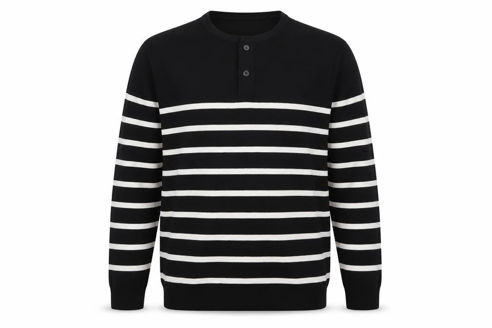 Celio Men's Black Striped L Henley Jumper Cotton Knit