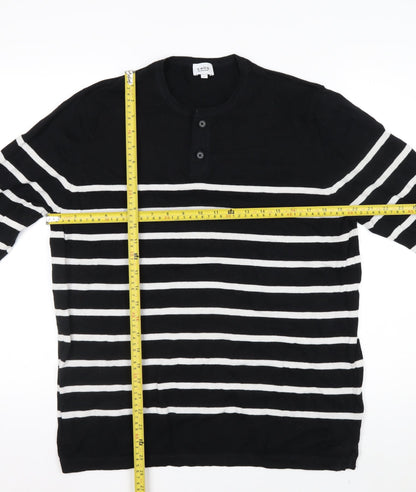 Celio Men's Black Striped L Henley Jumper Cotton Knit
