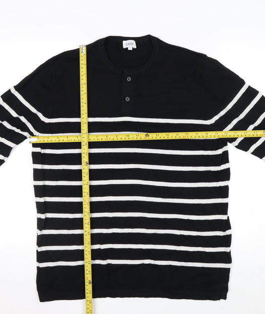 Celio Men's Black Striped L Henley Jumper Cotton Knit
