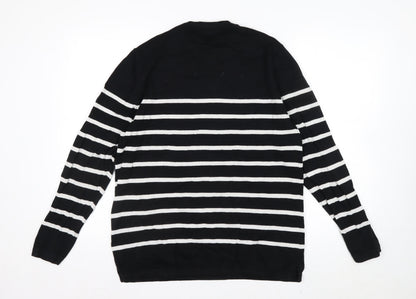Celio Men's Black Striped L Henley Jumper Cotton Knit
