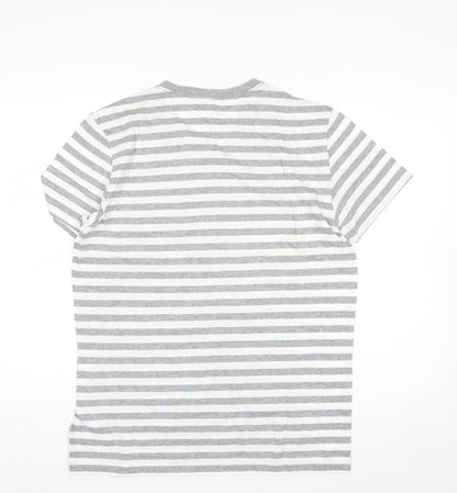 Gap Men's Grey White Striped V-Neck Cotton T-Shirt Size M