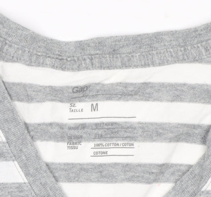Gap Men's Grey White Striped V-Neck Cotton T-Shirt Size M