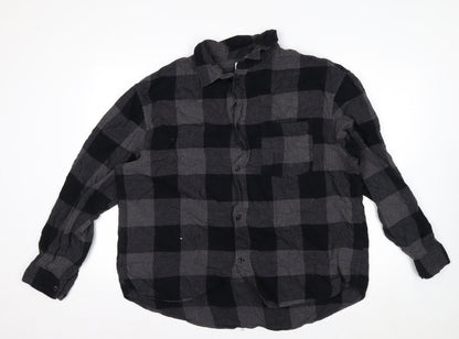 H&M Men’s Grey Black Check Cotton Button-Up Shirt XL Relaxed Fit