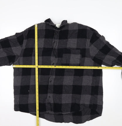 H&M Men’s Grey Black Check Cotton Button-Up Shirt XL Relaxed Fit