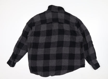 H&M Men’s Grey Black Check Cotton Button-Up Shirt XL Relaxed Fit