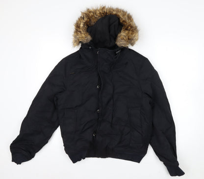 Next Men's Black XS Puffer Jacket with Faux Fur Hood Winter Coat