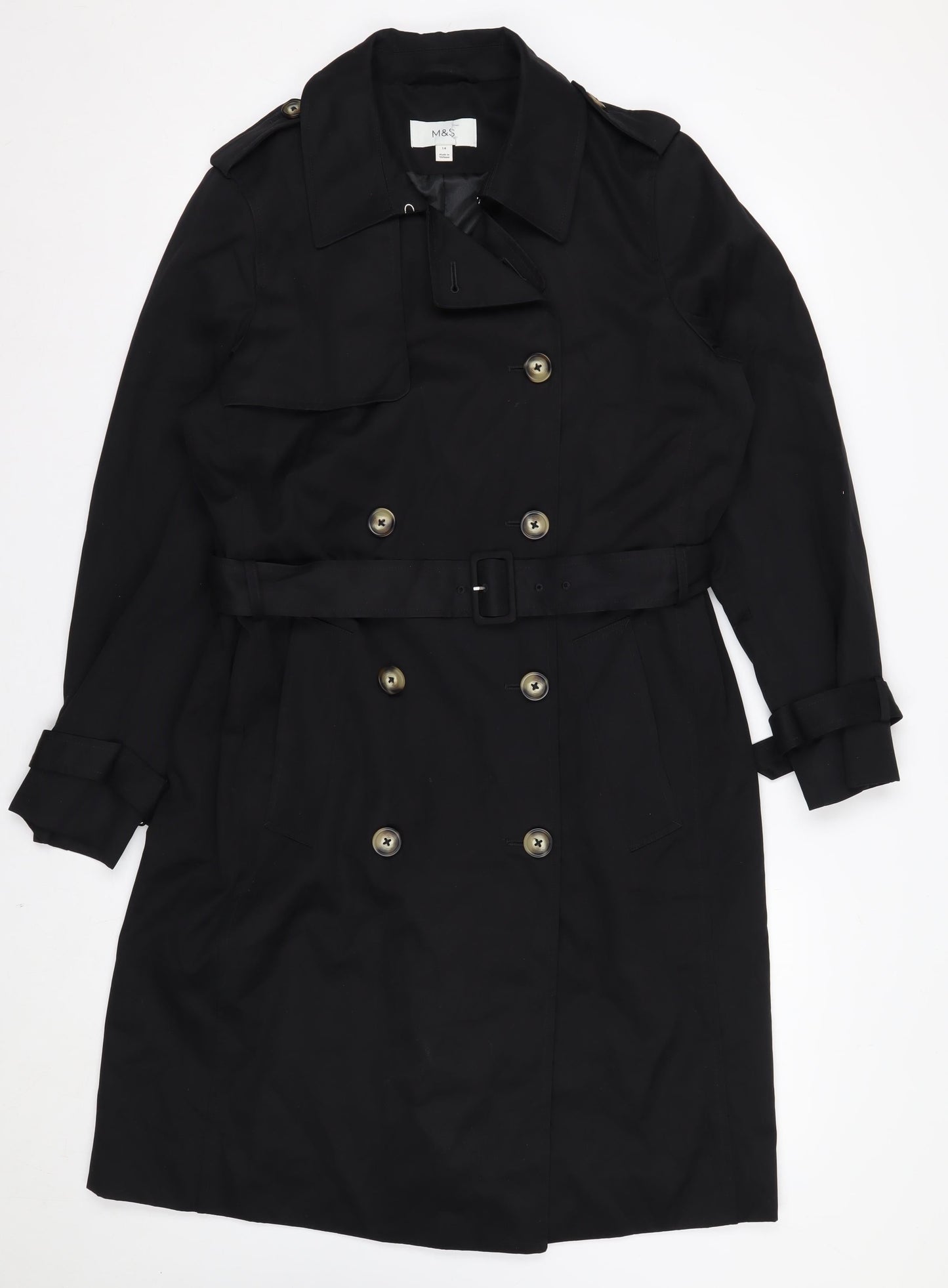 Marks and Spencer Women's Black Trench Coat Size 14 Belted Long Classic