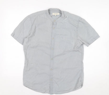River Island Men's Grey Polka Dot Short Sleeve Band Collar Cotton Shirt S