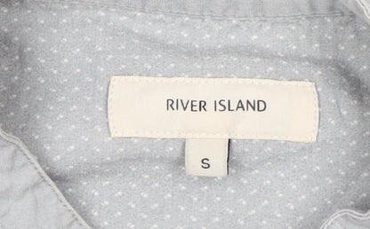 River Island Men's Grey Polka Dot Short Sleeve Band Collar Cotton Shirt S