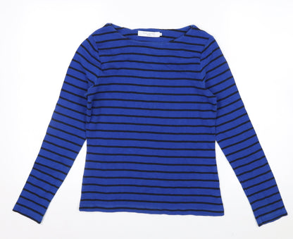 John Lewis Women Blue Striped Cotton Long Sleeve Boat Neck Top Size 10