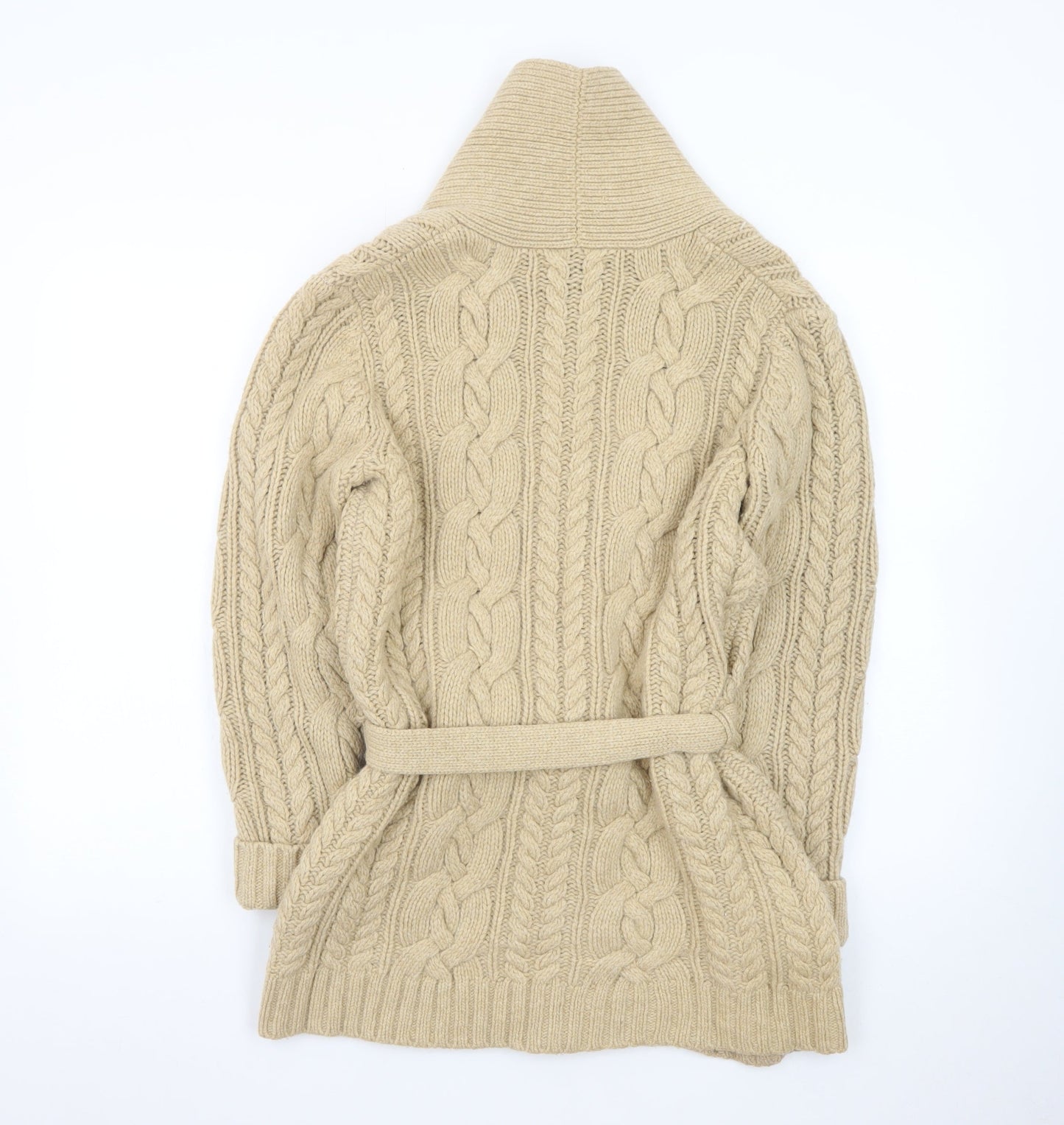 Lands' End Women's Beige Wool Cable Knit Belted Cardigan Size S
