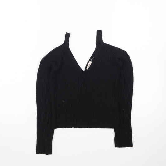 Pins and Needles Womens Black Cropped Knit V-Neck Top S