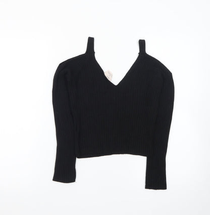 Pins and Needles Womens Black Cropped Knit V-Neck Top S