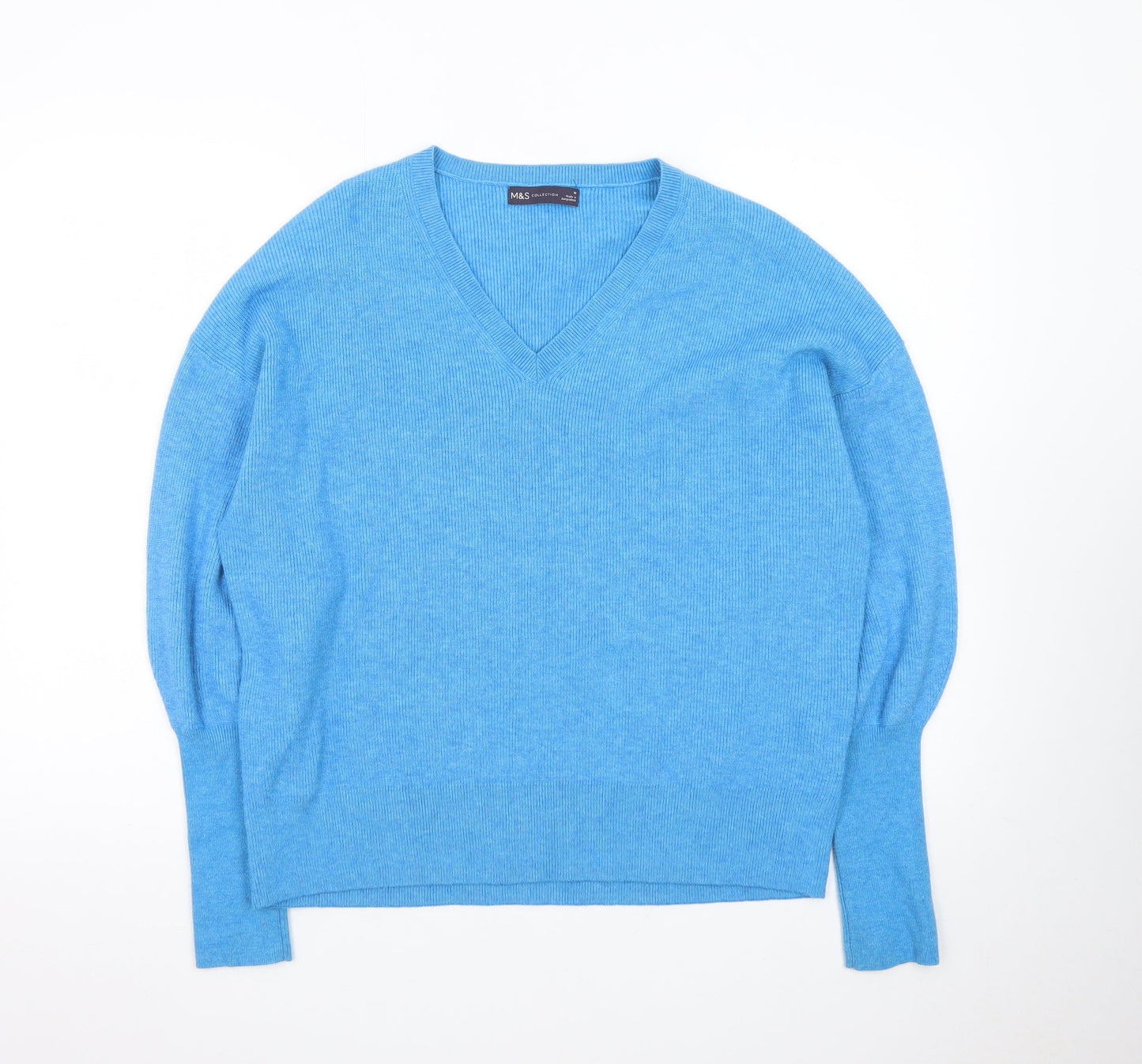 Marks and Spencer Women Blue V-Neck Cashmere Jumper Medium