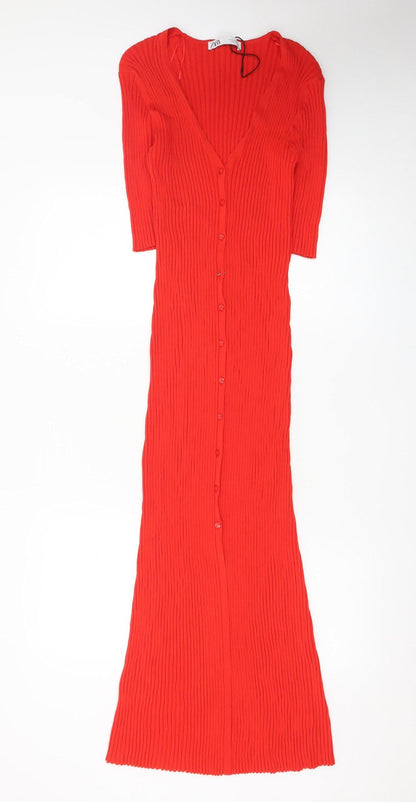 Zara Women Red Bodycon Long Ribbed Button Dress Size 12