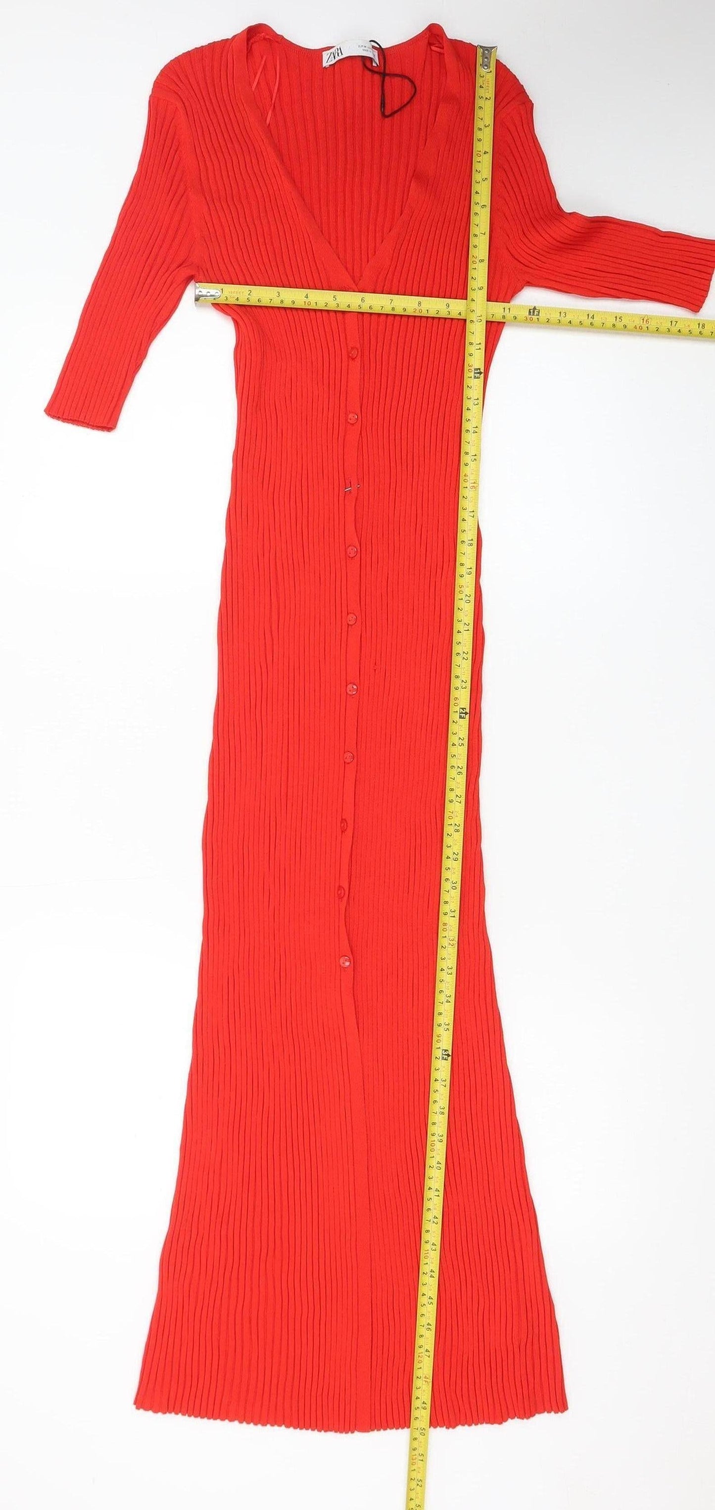Zara Women Red Bodycon Long Ribbed Button Dress Size 12