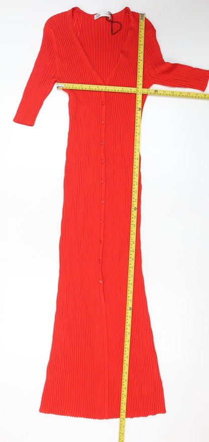 Zara Women Red Bodycon Long Ribbed Button Dress Size 12