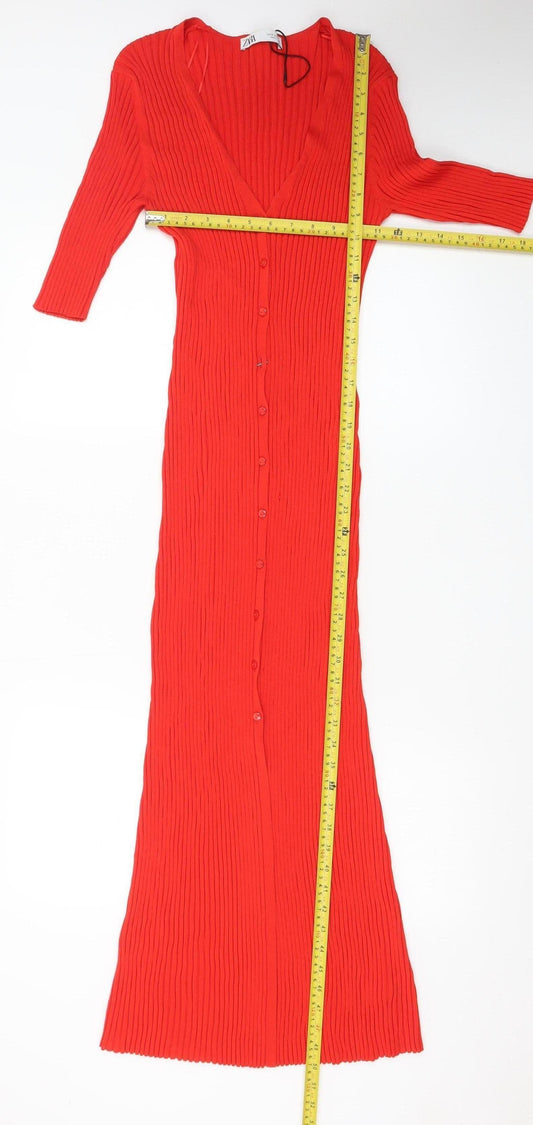 Zara Women Red Bodycon Long Ribbed Button Dress Size 12
