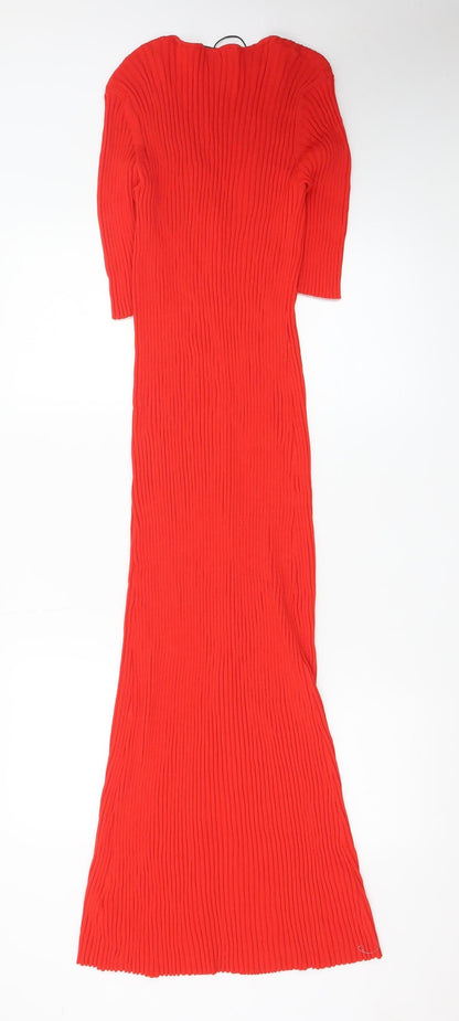 Zara Women Red Bodycon Long Ribbed Button Dress Size 12