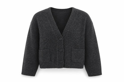 Uniqlo Women Grey Wool V-Neck Cardigan S Relaxed Fit Knitwear
