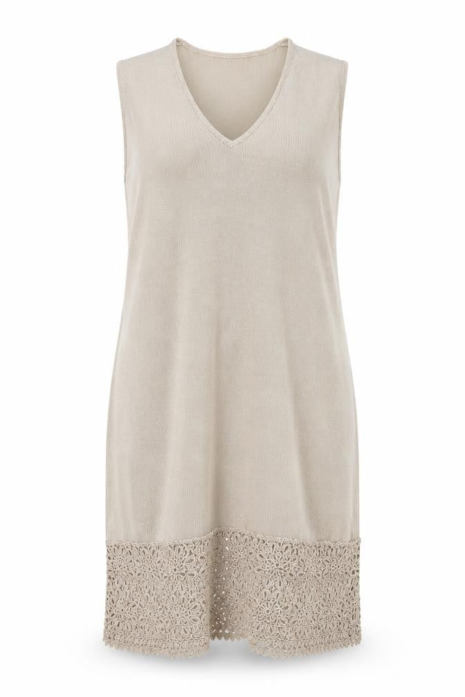Design Women Beige Knit Crochet Hem Sleeveless Shift Dress Size 18