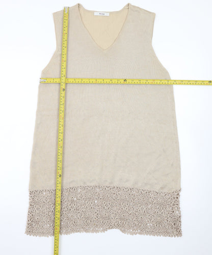 Design Women Beige Knit Crochet Hem Sleeveless Shift Dress Size 18