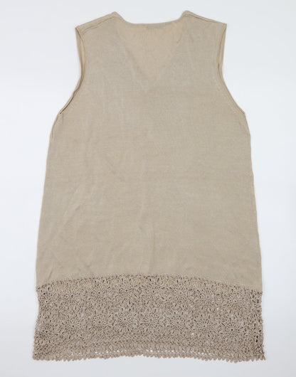 Design Women Beige Knit Crochet Hem Sleeveless Shift Dress Size 18