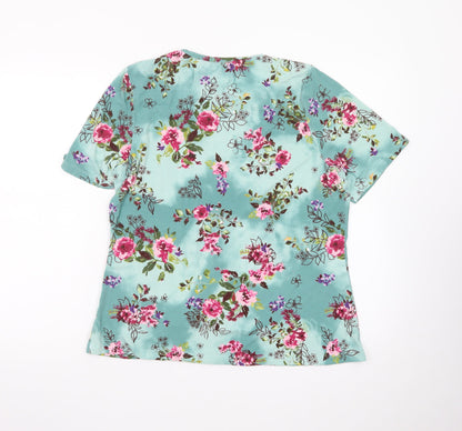 Honor Millburn Women Green Floral Short Sleeve Jersey Top Size 16