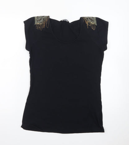 F&F Women’s Black Beaded Shoulder Short Sleeve Jersey Top Size 12
