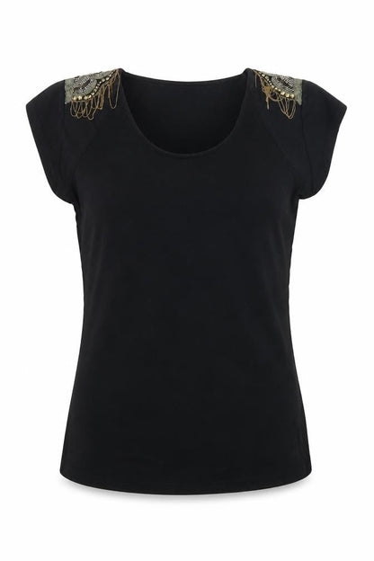 F&F Women’s Black Beaded Shoulder Short Sleeve Jersey Top Size 12