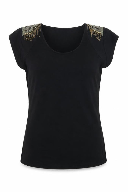 F&F Women’s Black Beaded Shoulder Short Sleeve Jersey Top Size 12