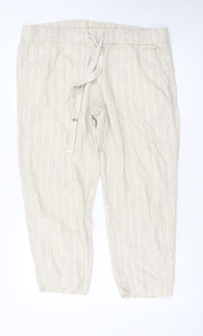 Marks and Spencer Women Beige Striped Linen-Blend Cropped Trousers Size 16