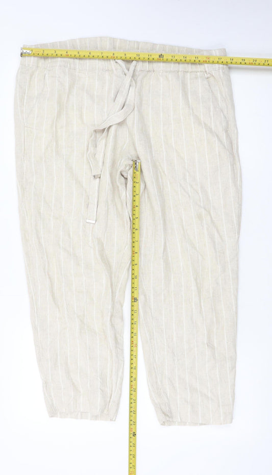 Marks and Spencer Women Beige Striped Linen-Blend Cropped Trousers Size 16