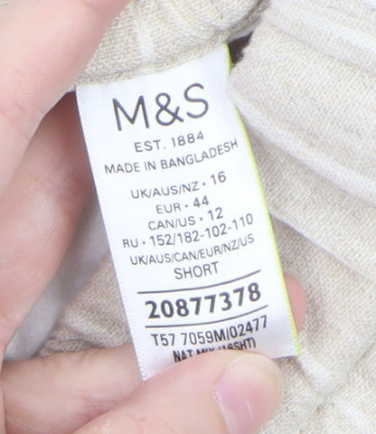 Marks and Spencer Women Beige Striped Linen-Blend Cropped Trousers Size 16