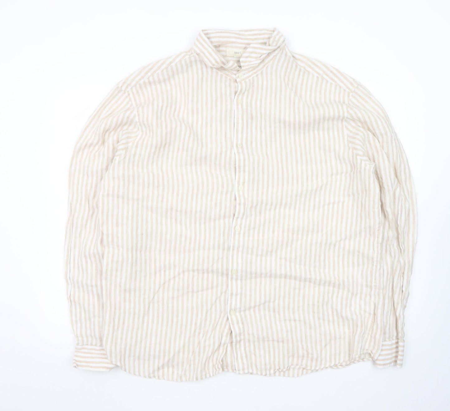 Marks and Spencer Men's Beige Striped Linen Blend Long Sleeve Shirt 2XL
