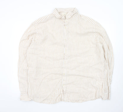 Marks and Spencer Men's Beige Striped Linen Blend Long Sleeve Shirt 2XL