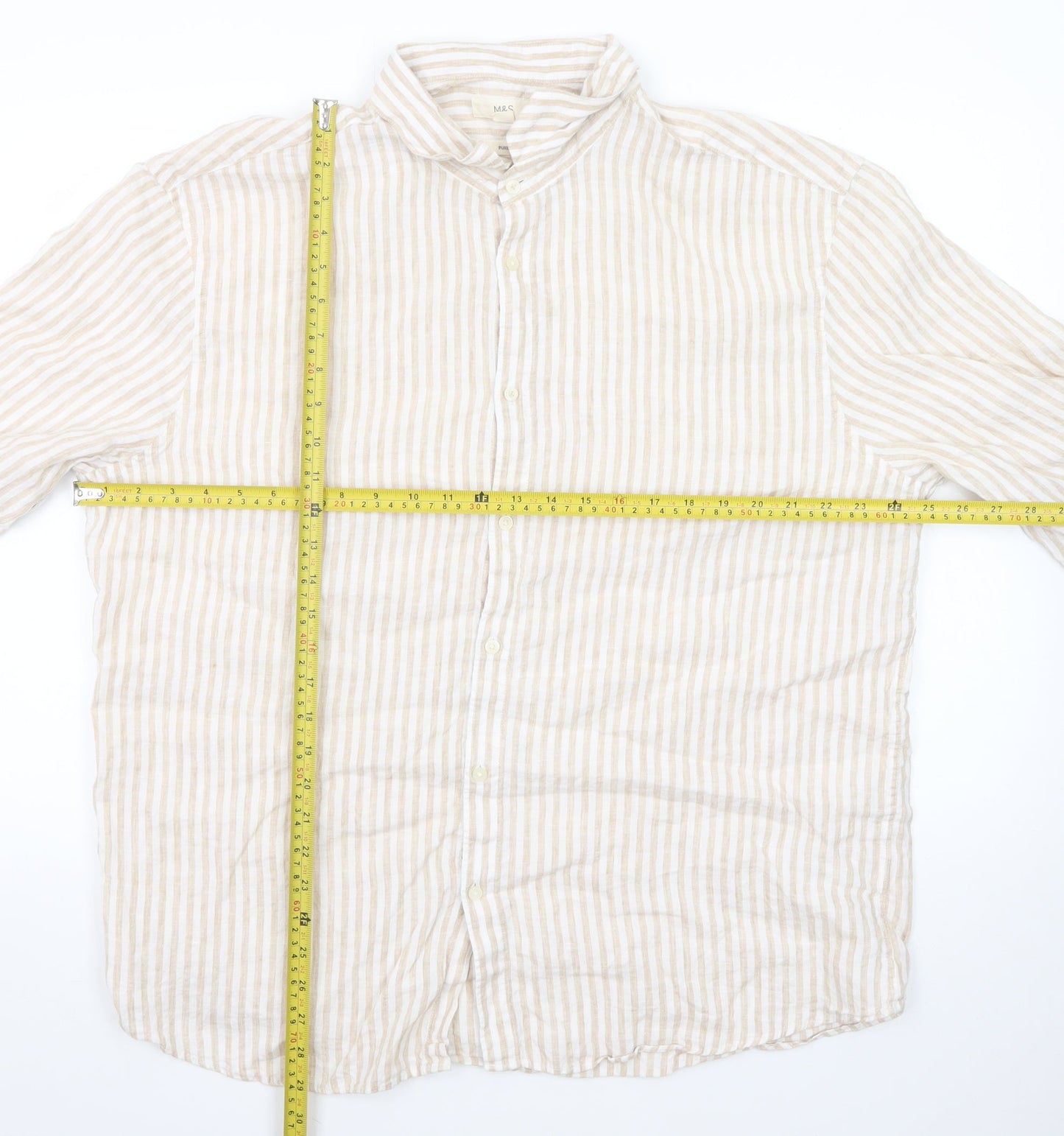Marks and Spencer Men's Beige Striped Linen Blend Long Sleeve Shirt 2XL