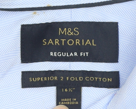 Marks and Spencer Men's Blue Regular Fit Dress Shirt 16.5in Cotton