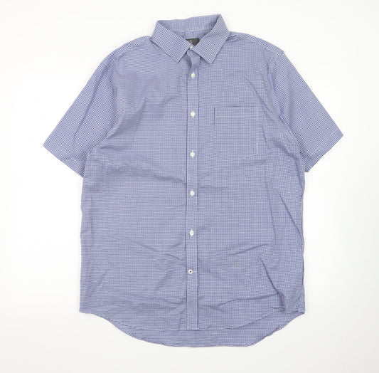 Marks and Spencer Men's Blue Check Regular Fit Short Sleeve Dress Shirt 16.5in 42
