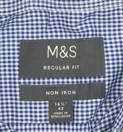 Marks and Spencer Men's Blue Check Regular Fit Short Sleeve Dress Shirt 16.5in 42