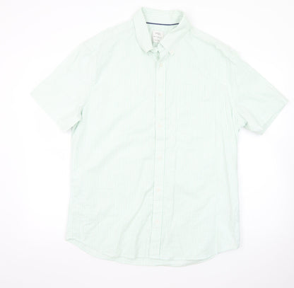 Marks and Spencer Men's Light Green Striped Regular Fit Short Sleeve Dress Shirt L