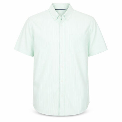 Marks & Spencer Men's Light Green Striped Regular Fit Short Sleeve Dress Shirt L